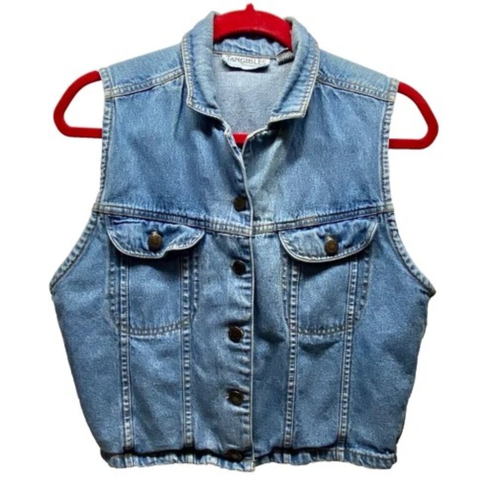 Vintage Tangibles Denim Vest Women's Large Blue Sleeveless 90's Y2K Jean Jacket